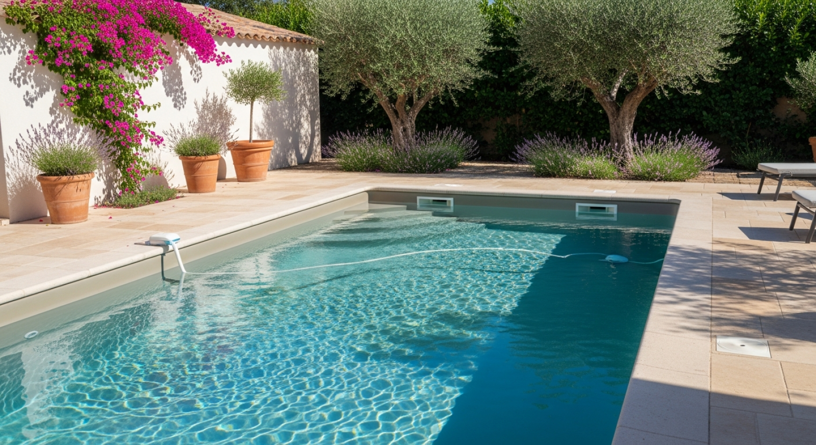 Conception et réalisation d'une piscine béton en pvc armé avec rideaux au fond du bassin à st Cyr sur mer